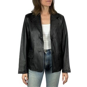 VINTAGE 90S RELATIVITY BLACK LEATHER NOTCHED COLLAR BUTTON DOWN BLAZER JACKET